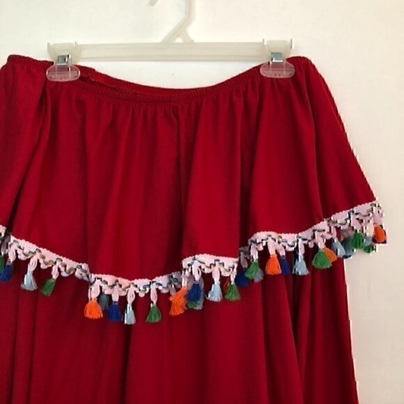 SOL R.H.R Solid Bright Red Fringe Tassel Trim Off the Shoulder Boho Blouse Top S - Picture 2 of 6